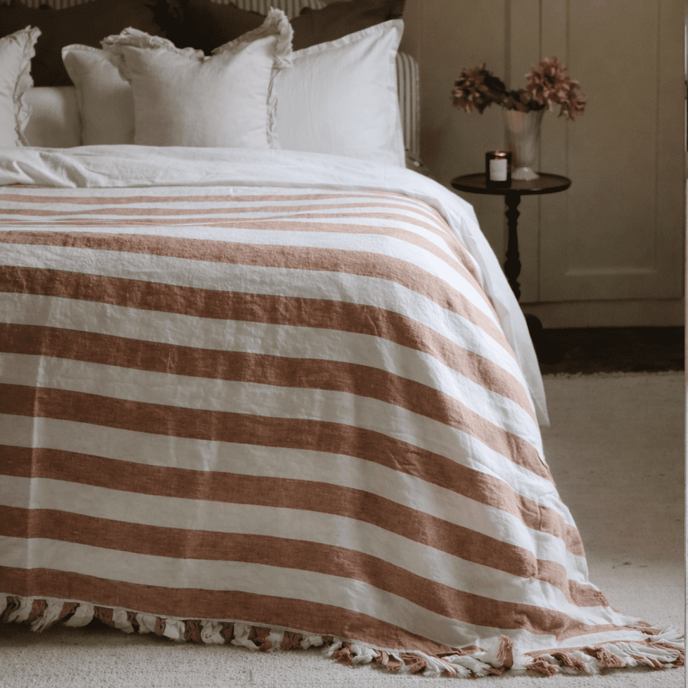 Wide Rust Stripe Ruffle Linen Bedspread