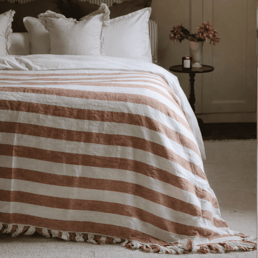 Wide Rust Stripe Ruffle Linen Bedspread