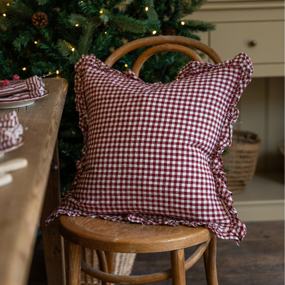Hallie Burgundy Gingham Ruffle Cushion 45x45