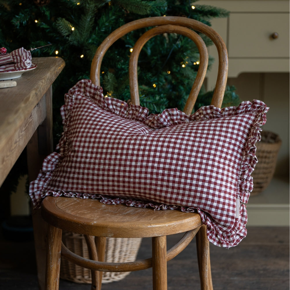 Hallie Burgundy Gingham Ruffle Cushion 50x30