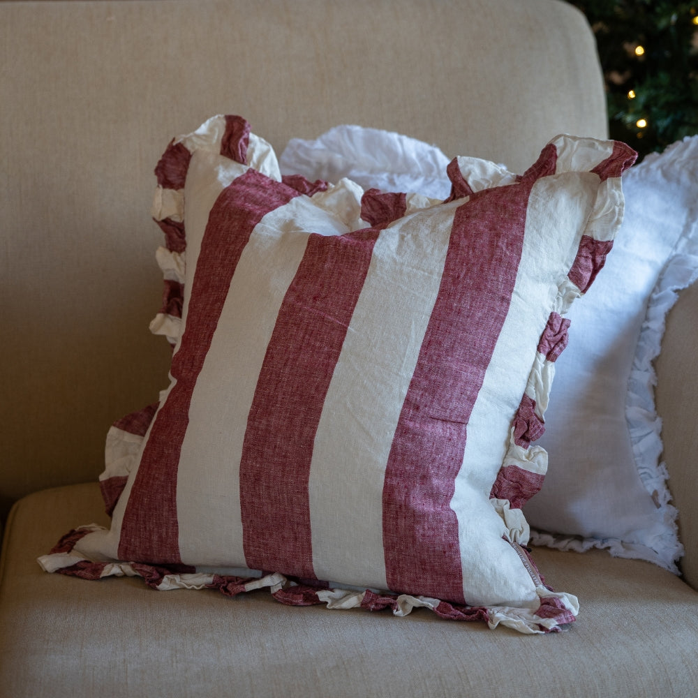 Hallie Burgundy Stripe Ruffle Cushion 45x45