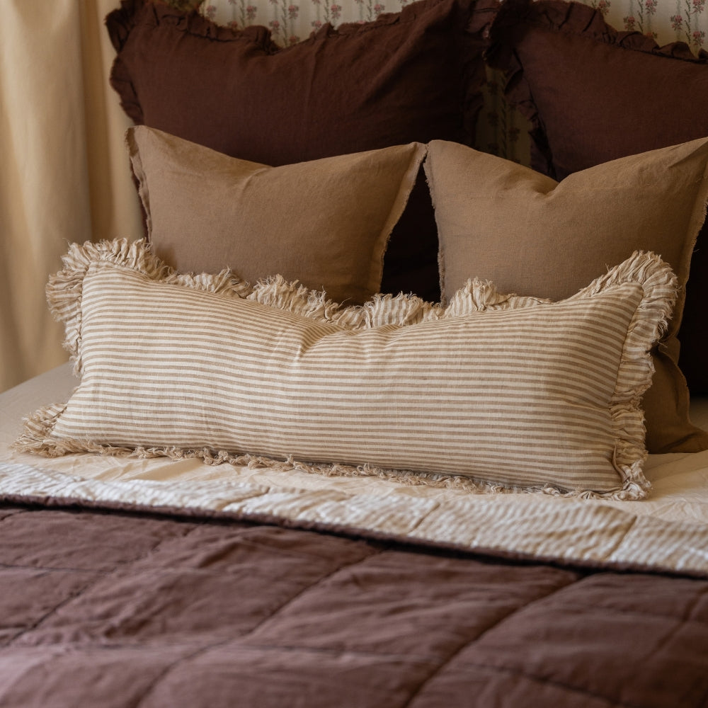 Hallie Light Brown Stripe Ruffle Cushion 80x30