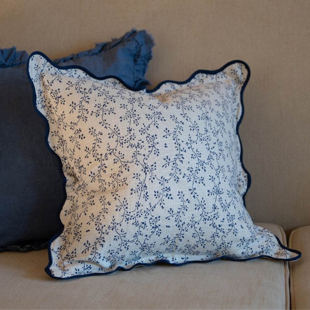 Leah Navy Print Scalloped Edge Cushion 45x45