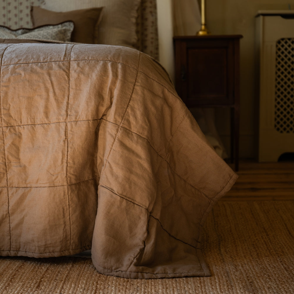 Delilah Luxury Coffee Brown Linen Quilted Bedspread