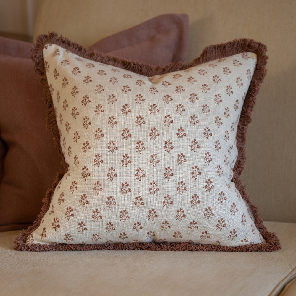 Sadie Dusty Pink Print Fringed Edge Cushion 45x45