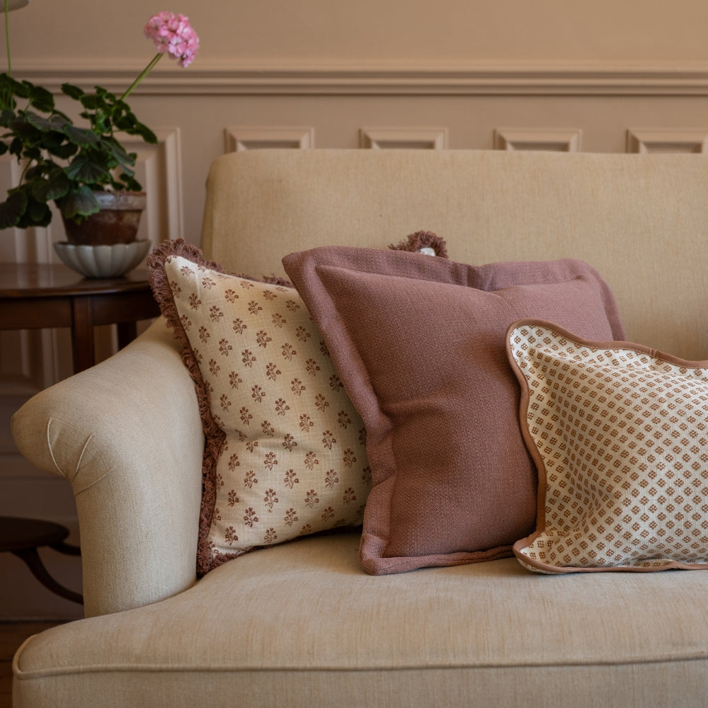 Sadie Dusty Pink Print Fringed Edge Cushion 45x45