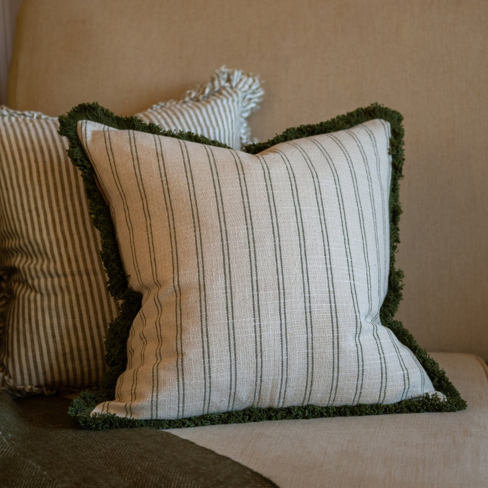 Sadie Olive Stripe Fringed Cushion 45x45