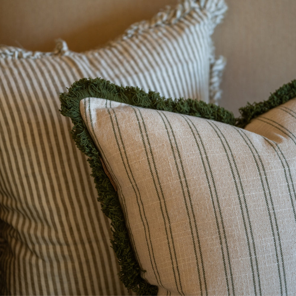 Sadie Olive Stripe Fringed Cushion 45x45