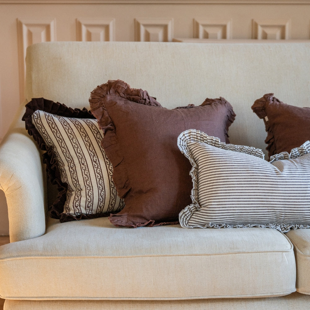 Ada Dark Brown Stripe Velvet Scalloped Edge Cushion 45x45