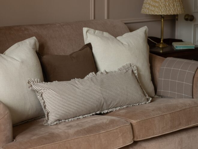 Darcy Dark Brown Stripe Ruffle Cushion 80×30