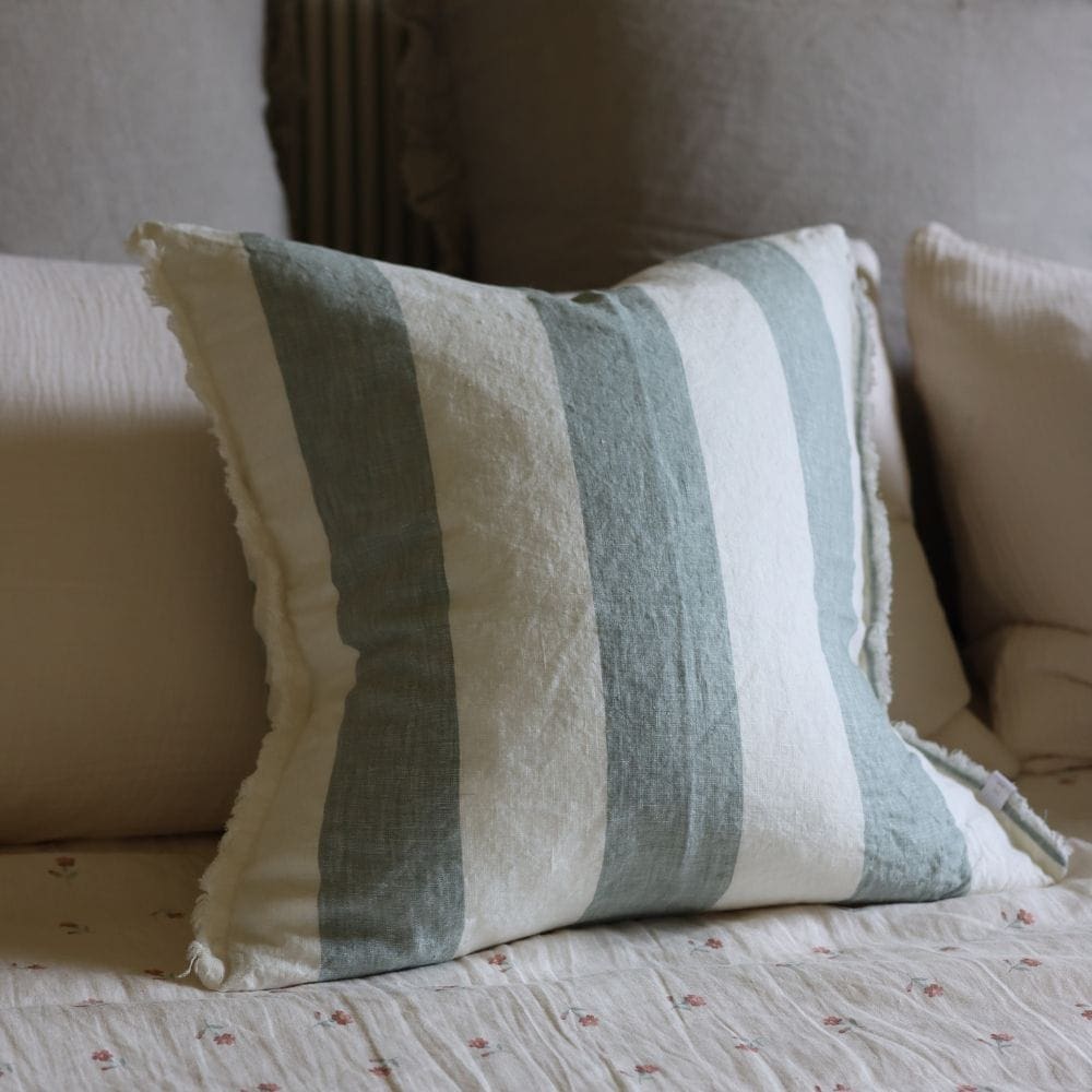 esmee teal wide stripe linen cushion