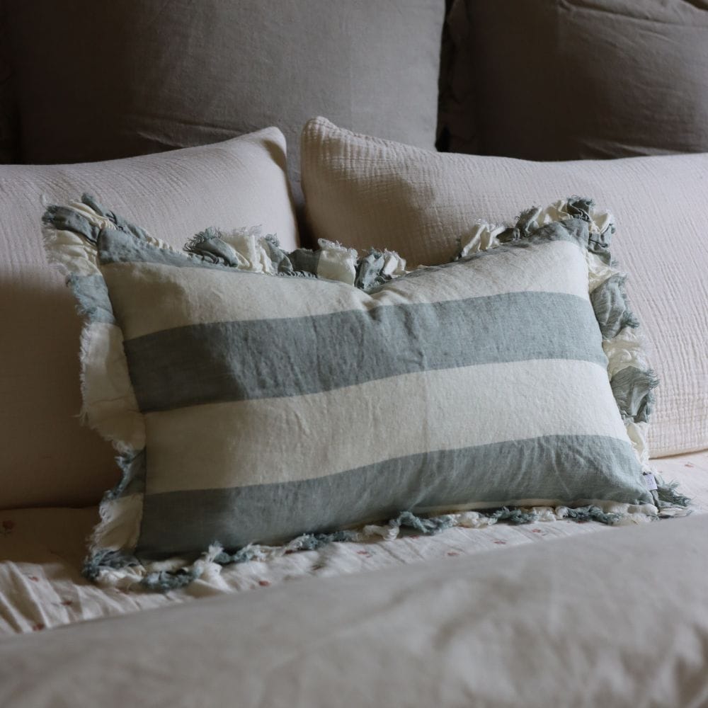 hallie teal wide stripe ruffle cushion 50x30
