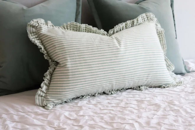 Darcy Sage Stripe Ruffle Cushion 50×30