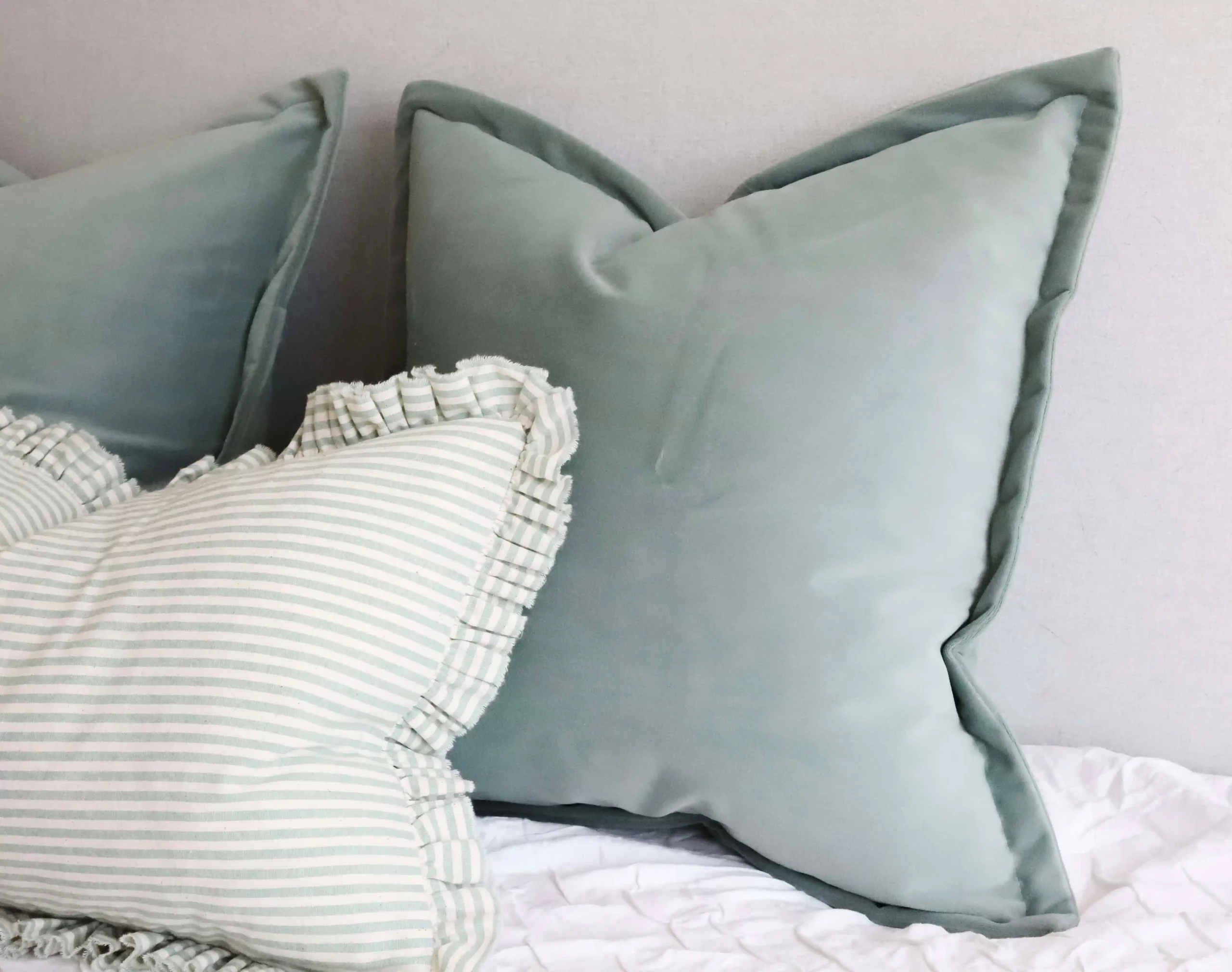 Darcy Sage Stripe Ruffle Cushion 50x30 Ellenvale Interiors