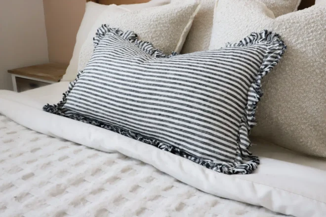 Hallie Charcoal Stripe Ruffle Cushion 50×30