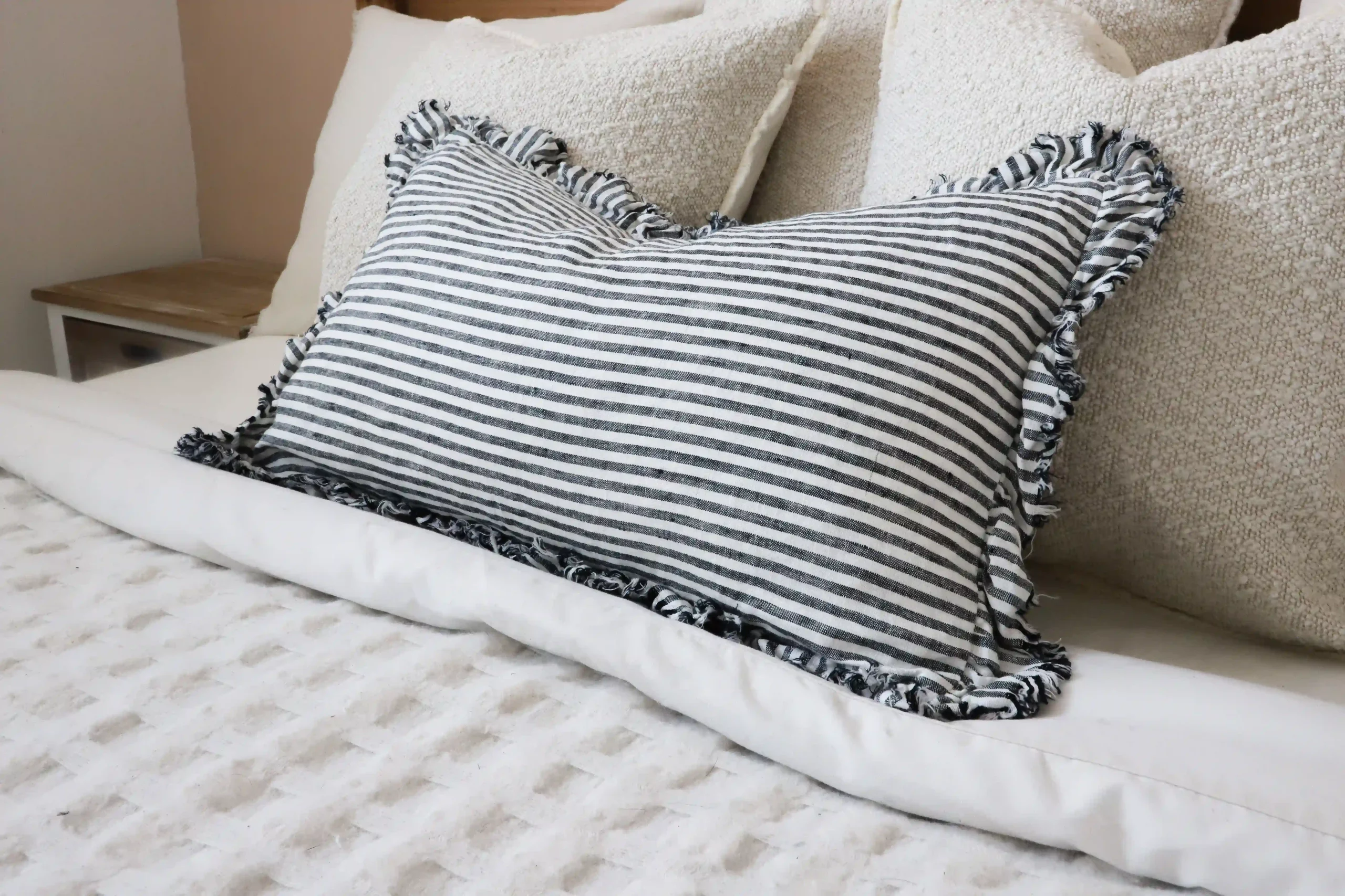 Hallie Charcoal Stripe Ruffle Cushion 50x30