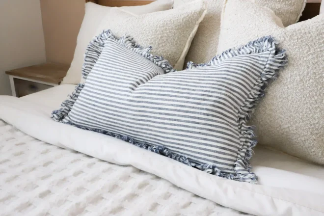 Hallie Navy Stripe Ruffle Cushion 50×30