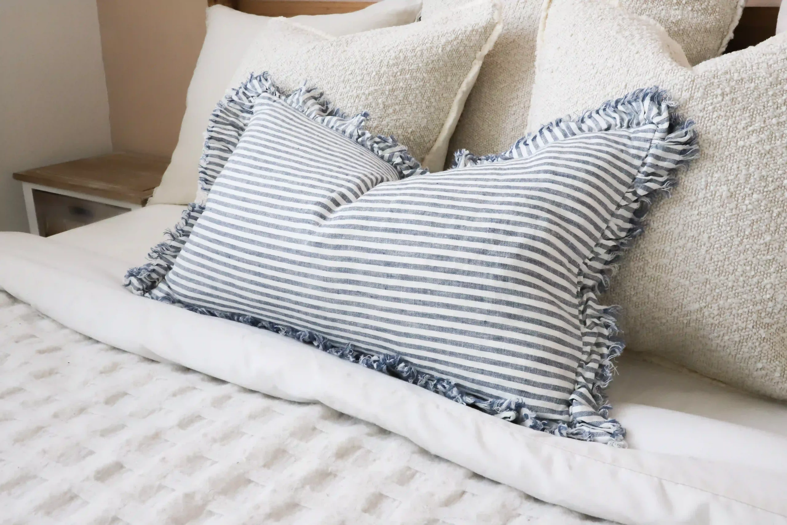 Hallie Navy Stripe Ruffle Cushion 50x30