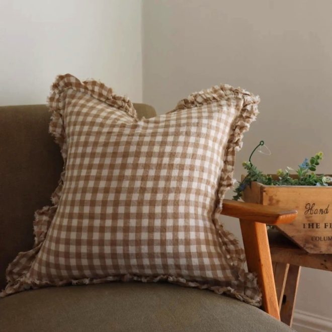 Hallie Light Brown Gingham Cushion
