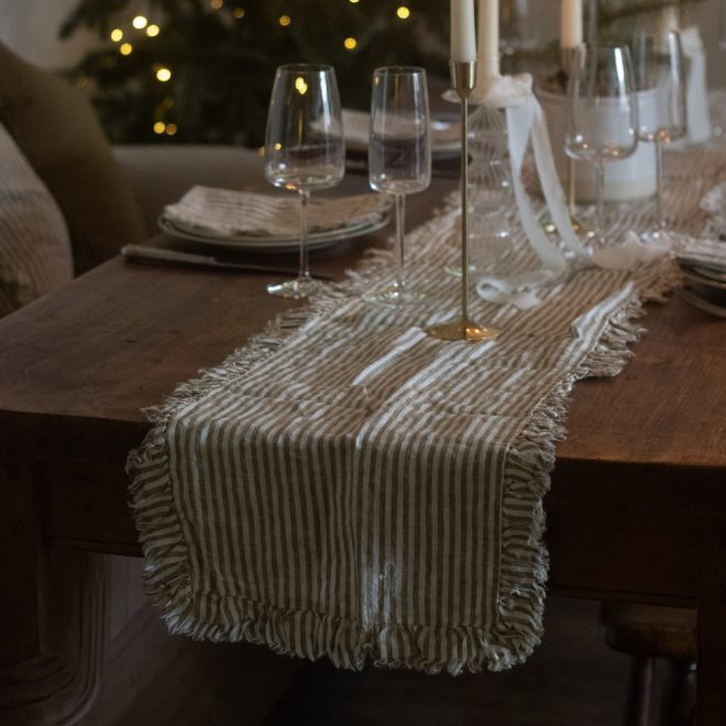 Olive Stripe Ruffle Table Runner