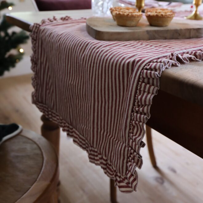 Red Stripe Christmas Ruffle Table Runner