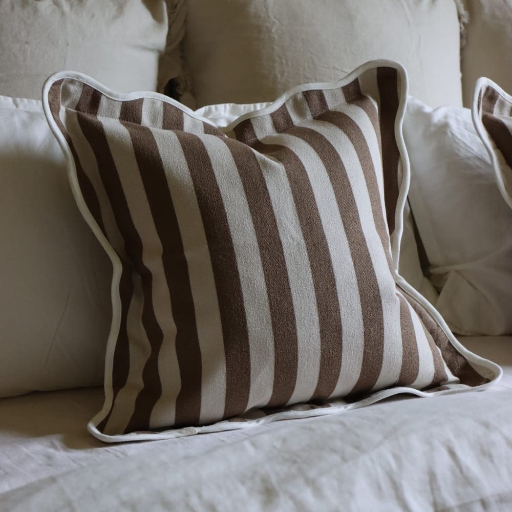 Chloe brown stripe scalloped edge cushion