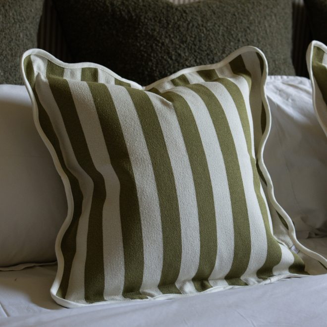 Chloe Olive Stripe Scalloped Edge Cushion
