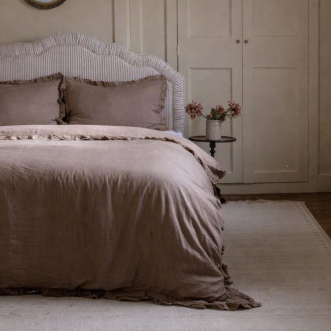 Luxury Coffee Brown Ruffle Linen Bedding Set